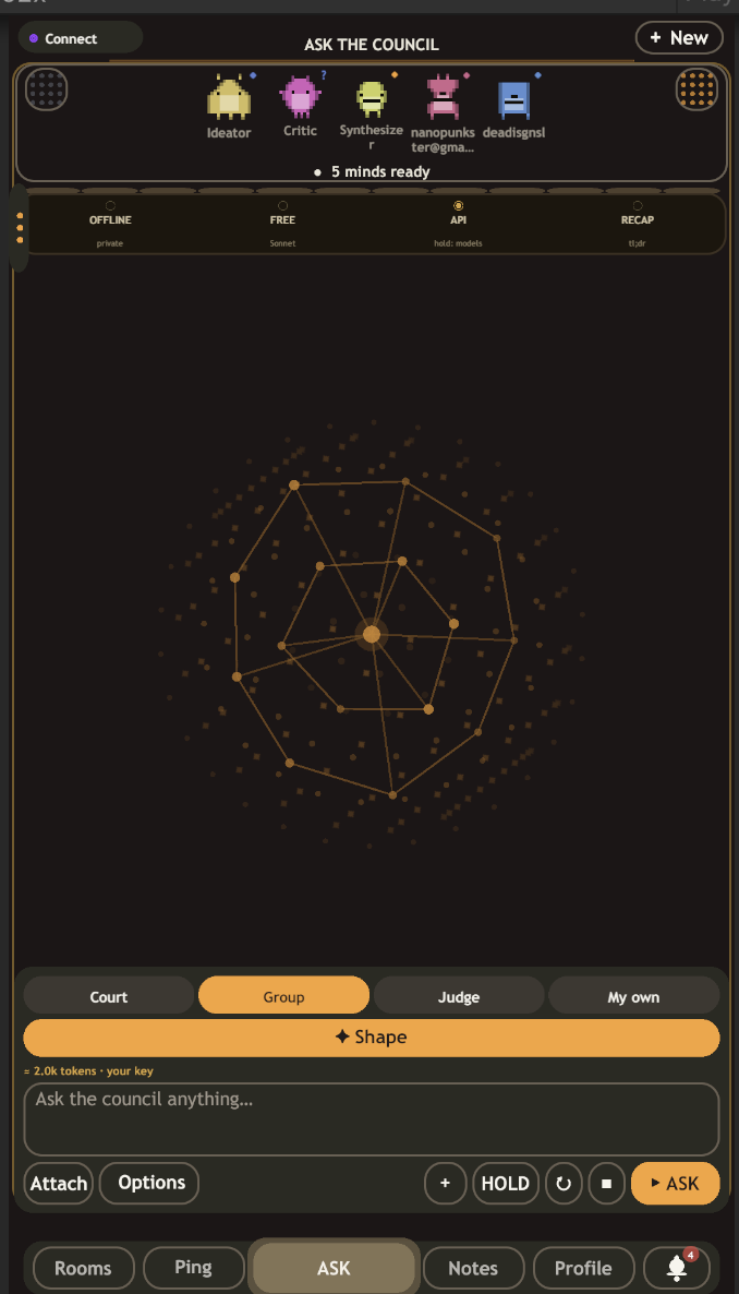 WeMind — ask the council screen with five AI minds ready