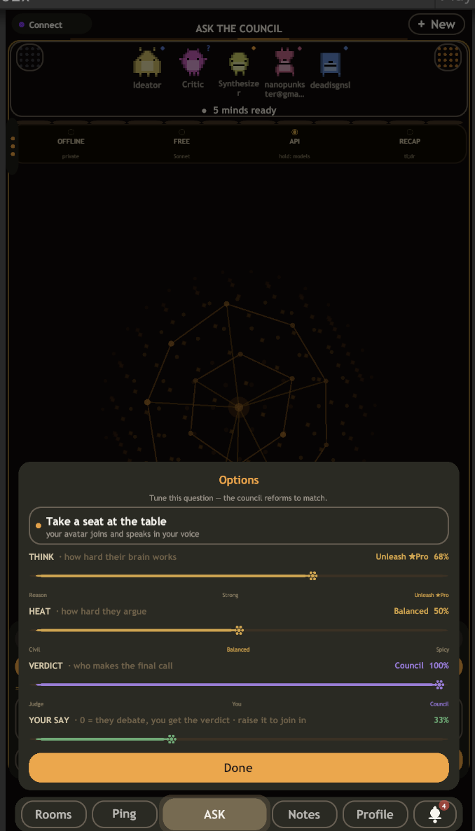 WeMind — tune the debate with think, heat and verdict sliders