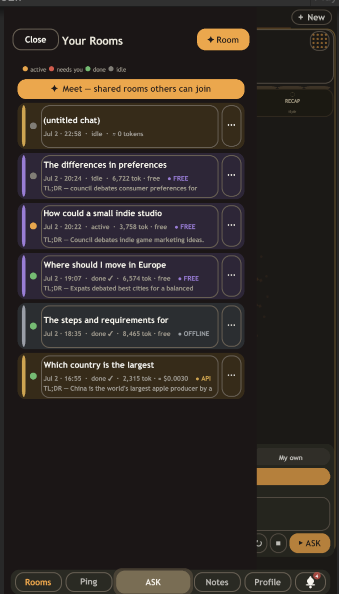 WeMind — Rooms list of past and shared debates